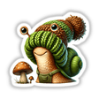 Cartoon snail gnome in a knit hat and overalls with a mushroom, available as stickers or digital artwork.