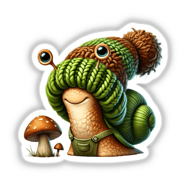 Cartoon snail gnome in a knit hat and overalls with a mushroom, available as stickers or digital artwork.