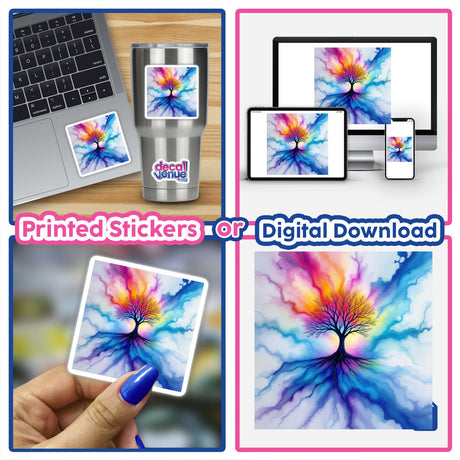 Tree Alcohol Ink Design depicted in a collage featuring a laptop and a computer keyboard, showcasing the artwork available as stickers or digital artwork, emphasizing its vibrant and unique style.