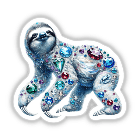Sloth Jewels and Gemstones: An illustrated sloth adorned with various gems and diamonds, available as stickers or digital artwork from Decal Venue.