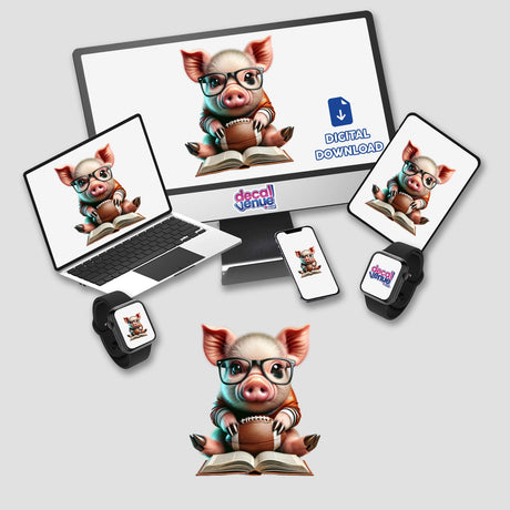 Cartoon Pig in Reading Glasses with Open Book and Football displayed on various digital devices and stickers, embodying whimsy and charm for vinyl sticker and digital art enthusiasts at Decal Venue.