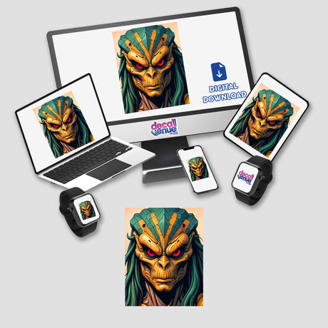A laptop and monitor display a cartoon A Cool Alien Predator Soldier face, highlighting its availability as stickers or digital artwork, perfect for unique vinyl decor or digital use.