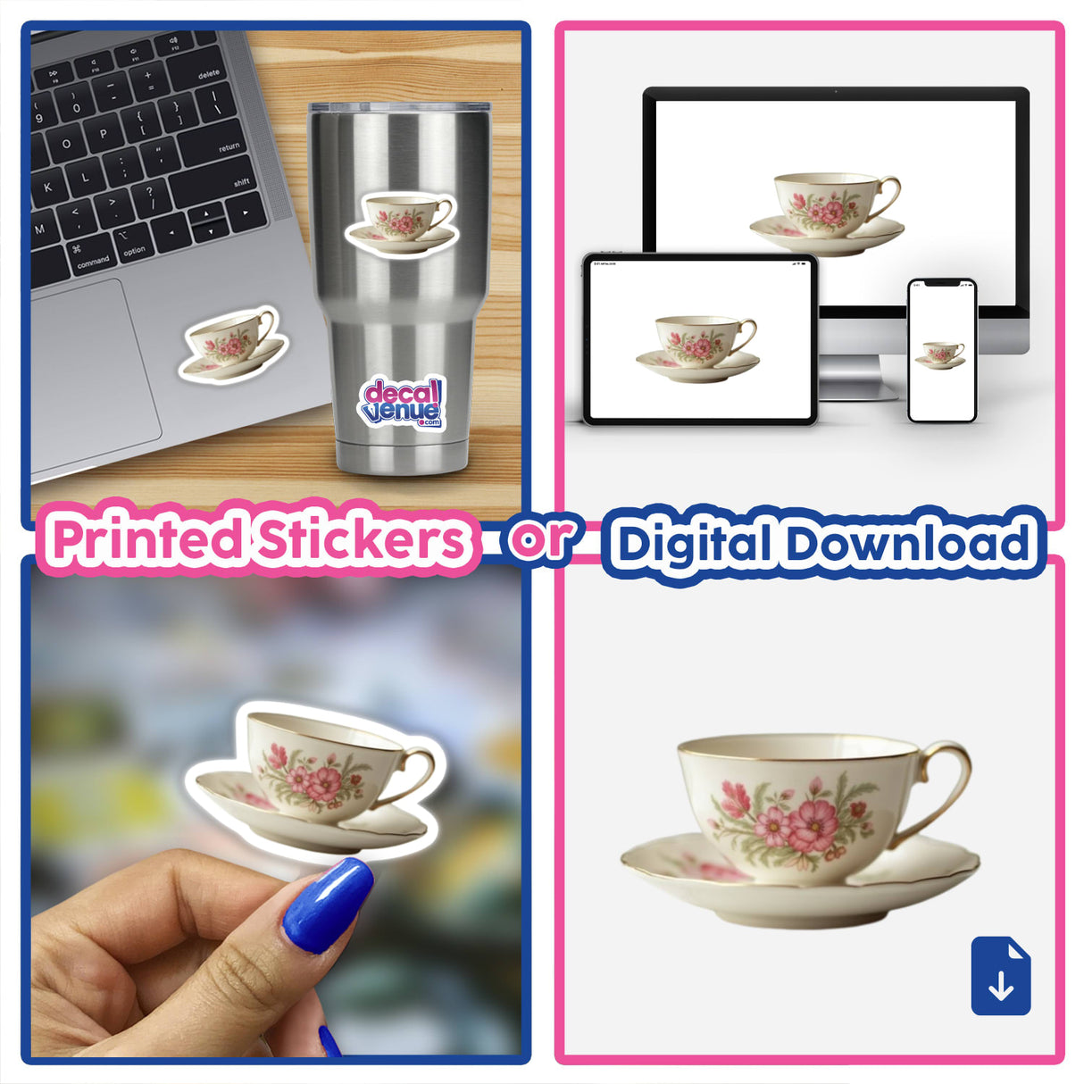 Vintage Cottagecore Teacup Sticker or Commercial Rights Download: A collage featuring a teacup and saucer on a laptop keyboard, highlighting intricate porcelain details and cozy, cottagecore aesthetics.