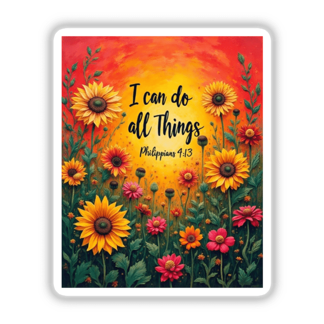 Fauvist Spring Zinnia “I Can Do All Things” Philippians 4:13 Sticker or Clipart features vibrant flowers with accompanying text, ideal for unique vinyl stickers or digital art from Decal Venue.