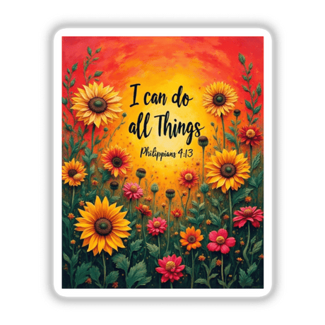 Fauvist Spring Zinnia “I Can Do All Things” Philippians 4:13 Sticker or Clipart features vibrant flowers with accompanying text, ideal for unique vinyl stickers or digital art from Decal Venue.