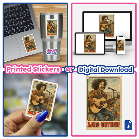 Arlo Guthrie Woodstock Retro Trading Card Printable featuring Arlo's signature curls, fringed suede jacket, and infectious grin, ideal for fans and collectors of 1969 festival memorabilia.