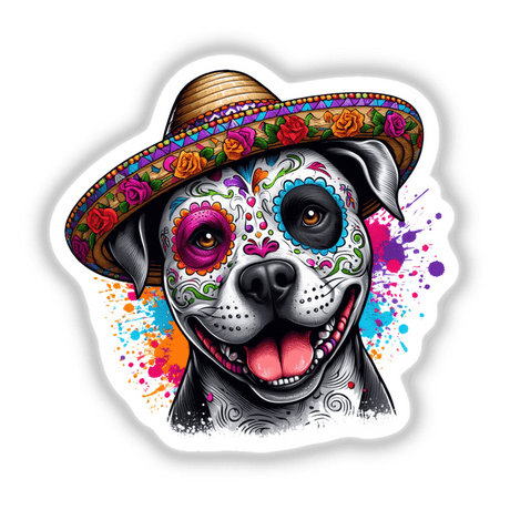 Sugar Skull Pitbull Dog illustration featuring a dog wearing a decorative hat, available as unique stickers or digital artwork, embodying Decal Venue's distinctive vinyl sticker and digital art offerings.