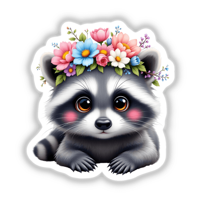 Adorable Raccoon Wearing a Floral Crown: A whimsical cartoon raccoon with a vibrant flower crown, perfect as stickers or digital art for adding charm and joy.