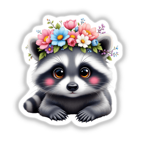 Adorable Raccoon Wearing a Floral Crown: A whimsical cartoon raccoon with a vibrant flower crown, perfect as stickers or digital art for adding charm and joy.