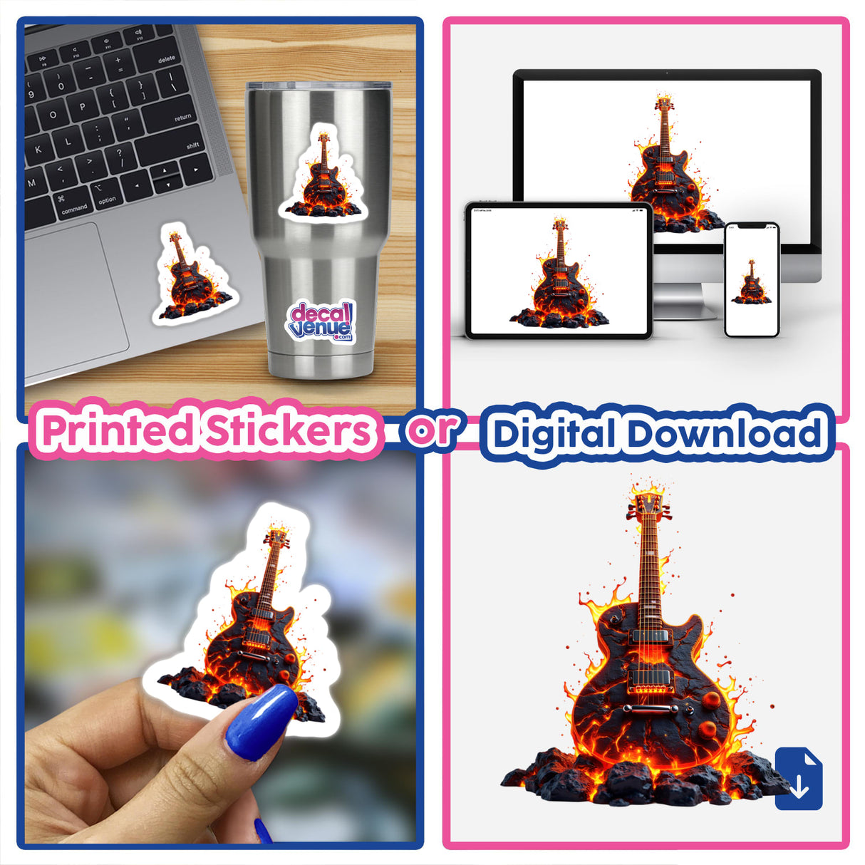 Molten Lava Guitar sticker collage showcasing fiery guitar designs, including a sticker on a laptop keyboard. Perfect for music enthusiasts from DecalVenue's unique sticker collection.