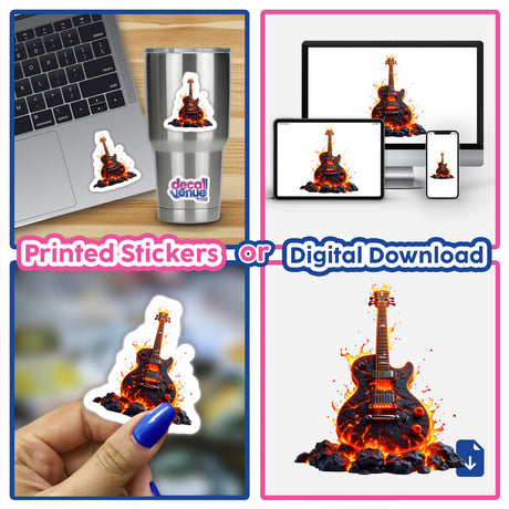Molten Lava Guitar sticker collage showcasing fiery guitar designs, including a sticker on a laptop keyboard. Perfect for music enthusiasts from DecalVenue's unique sticker collection.