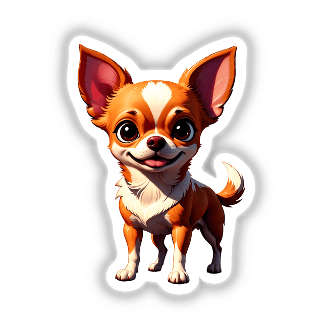A Cute Chihuahua cartoon with big ears and eyes, available as vinyl stickers or digital artwork from Decal Venue, specializing in unique designs.