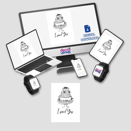 I said Yes cake design displayed across various devices, highlighting its availability as stickers or digital artwork from Decal Venue, known for unique stickers and digital art.