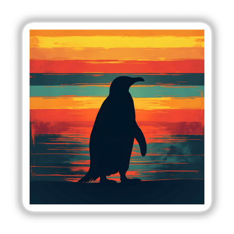 Penguin Silhouette with Bold Horizontal Stripes: A penguin stands on a rock, silhouetted against a sunset, available as stickers or digital artwork from Decal Venue.