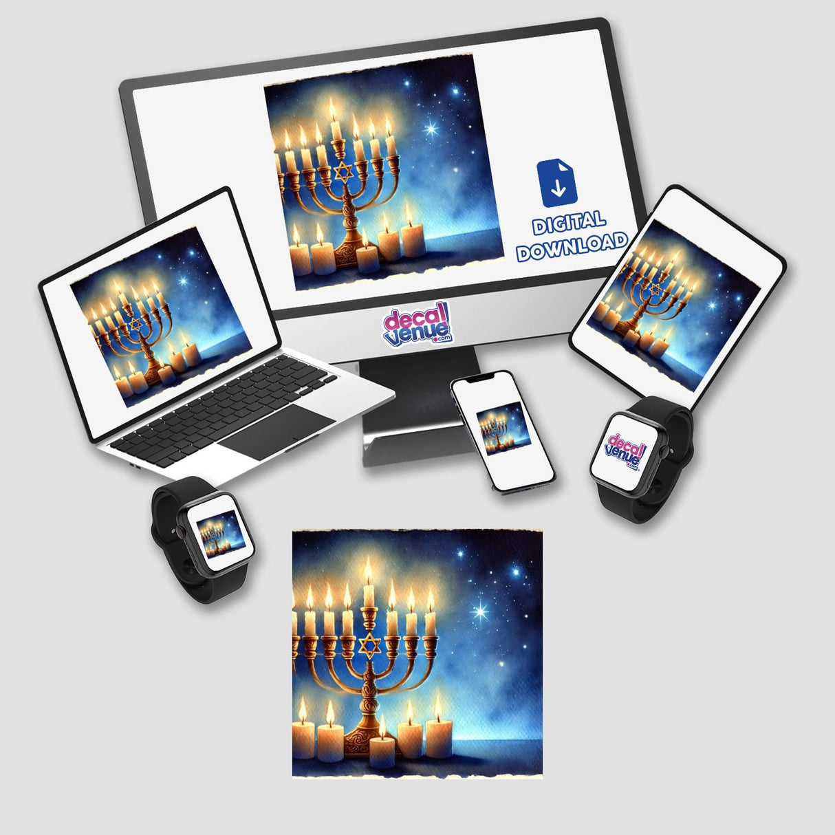 Hanukkah Lights - Menorah with Glistening Candles displayed on various electronic devices, including a laptop, tablet, and smartphone, showcasing the artwork's digital versatility.