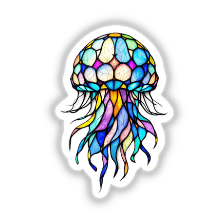 Jellyfish Stained Glass Style artwork, showcasing intricate stained glass details, available as stickers or digital art from Decal Venue. Perfect for adding vibrant, artistic flair to any surface.