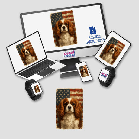 Cavalier King Charles Spaniel Patriotic Sticker featuring a dog against a distressed American flag background, ideal for decorating laptops or tablets. Perfect for dog lovers and creative projects.