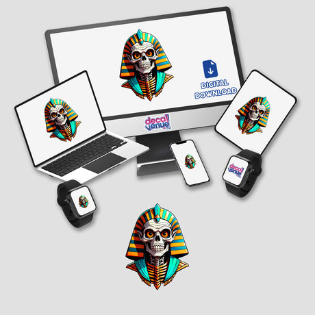 A digital artwork titled A Cool Egyptian Pharaoh Skull displayed on a computer monitor and laptop screen, featuring a cartoonish skeleton in Egyptian attire, available as stickers or digital art.