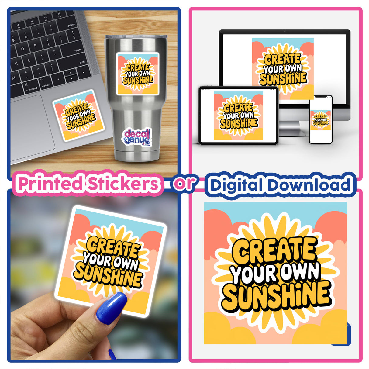 Collage of Create Your Own Sunshine Positive Affirmation Sticker | Mental Health Clipart | Commercial Use Digital Download featuring stickers on laptops, hands, and close-ups for versatile application.