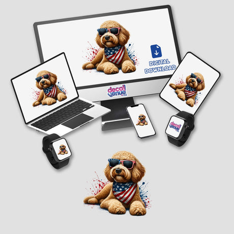 Sassy American Flag Goldendoodle Dog features a playful Goldendoodle wearing sunglasses and a bandana, offered as unique stickers or digital artwork from Decal Venue.