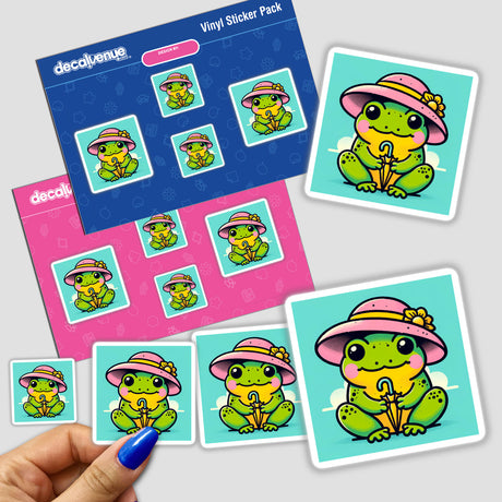 Froggy with Pink Sunhat and Umbrella stickers, featuring a cartoon frog holding an umbrella. Available as both stickers and digital artwork, perfect for fans of unique, playful designs.