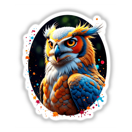 A Cool Hybrid Hawk Owl depicted in detailed digital artwork, showcasing its intricate feathers and piercing gaze, available as unique stickers or digital prints at Decal Venue.