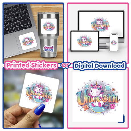 Colorful unicorn digital artwork with text, shown on various digital devices and printed stickers