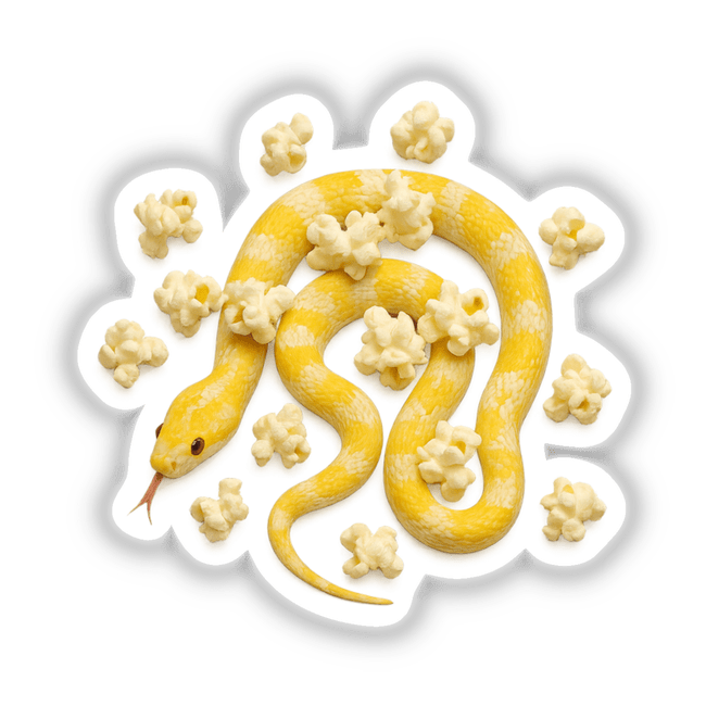 Yellow and White Snake with Popcorn: A whimsical design featuring a bright yellow snake coiled with popcorn, available as unique stickers or digital artwork from Decal Venue.