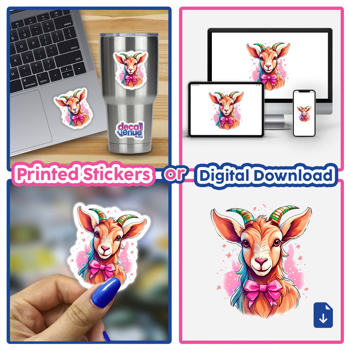 Collage showing various baby goat stickers and digital artwork, including close-ups, cartoons, and a laptop and cup with goat stickers.