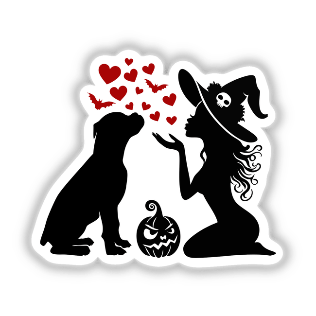 Halloween Witch and Boxer Dog Silhouette with Red Hearts