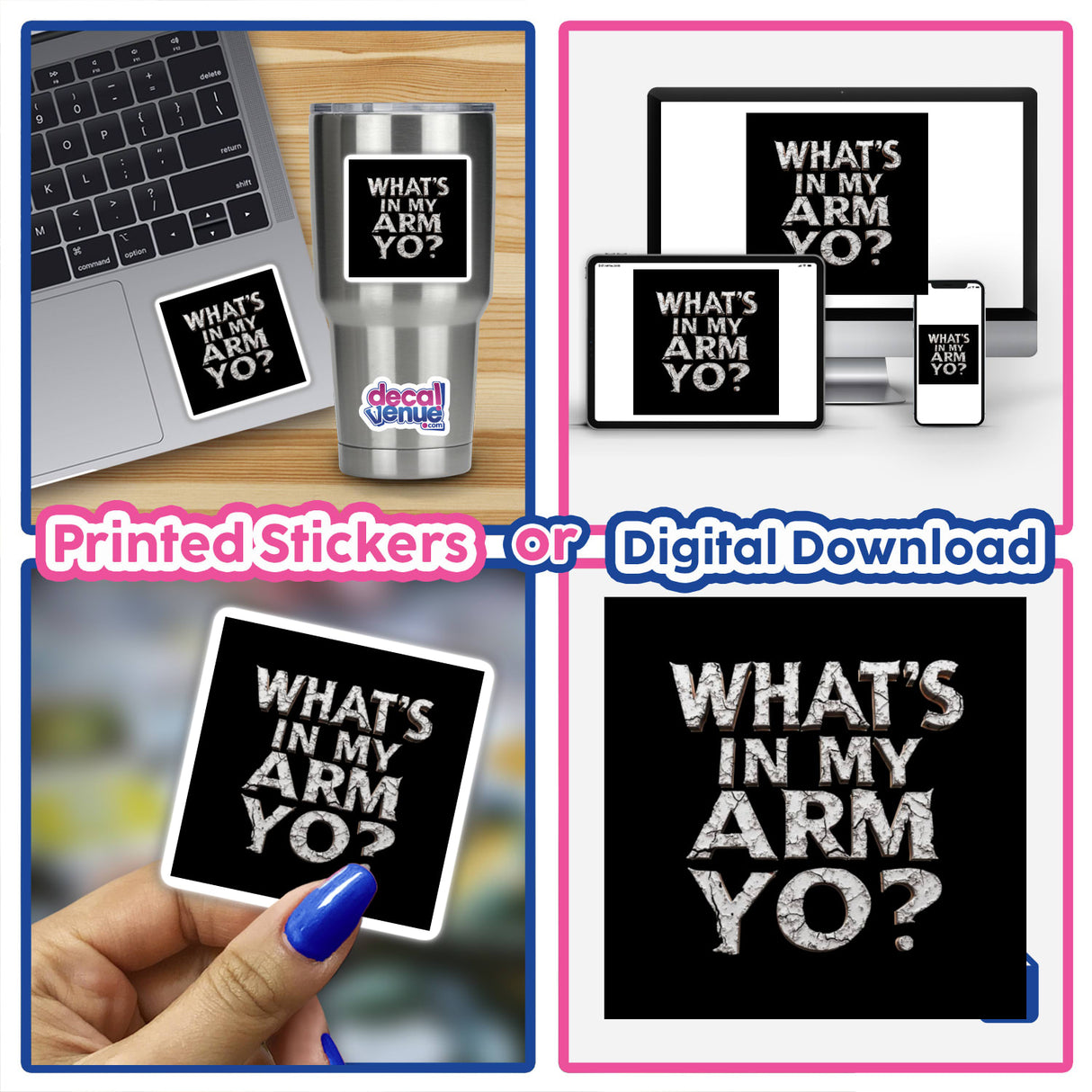 Sticker or clipart titled What’s in My Arm Yo? Satirical Andrew Schulz Tweet on Fauci Pardon, featuring a laptop with a sticker, reflecting Decal Venue's unique vinyl and digital art offerings.