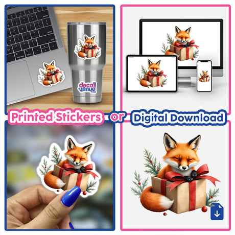 Fox in Christmas Present Box sticker collage featuring a charming fox nestled in a gift box, ideal as a sticker or digital artwork. Perfect for laptops and personal items from Decal Venue.