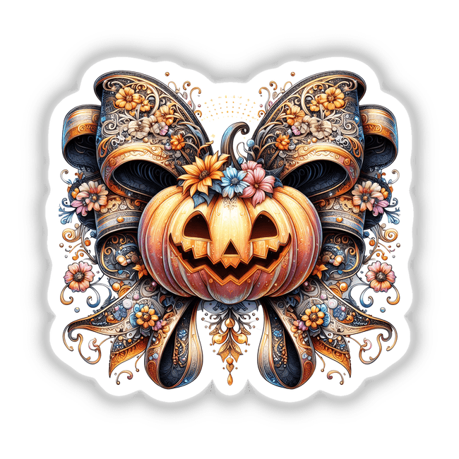 Floral Coquette Pumpkin Bow featuring a decorated pumpkin adorned with flowers and a bow, available as stickers or digital artwork from Decal Venue.