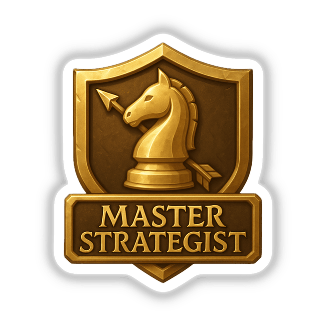 Master Strategist – RPG-Style Skill Badge featuring a detailed gold fantasy emblem, available as stickers or digital artwork, showcasing intricate design elements emblematic of Decal Venue's unique art collection.