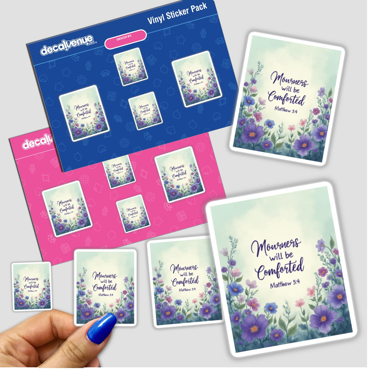 Fauvist Spring Pansy “Mourners Will Be Comforted” Matthew 5:4 Sticker or Clipart, depicting floral designs, held in a hand, available as stickers or digital artwork with commercial rights.