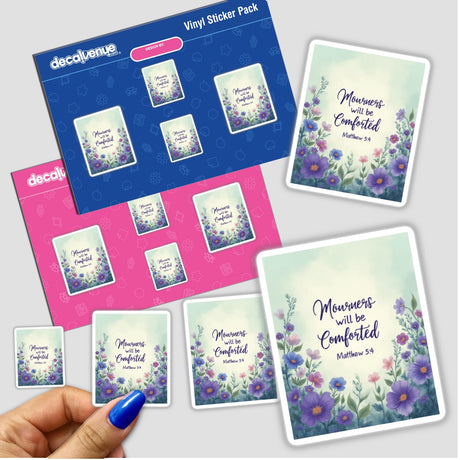 Fauvist Spring Pansy “Mourners Will Be Comforted” Matthew 5:4 Sticker or Clipart, depicting floral designs, held in a hand, available as stickers or digital artwork with commercial rights.