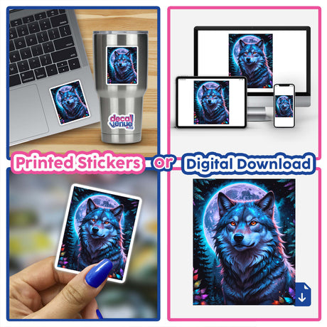 Wolf-themed collage featuring A Wolf In The Night With A Bright Moon as a sticker on a laptop, alongside digital art of a wolf, highlighting Decal Venue's unique vinyl sticker and digital artwork offerings.
