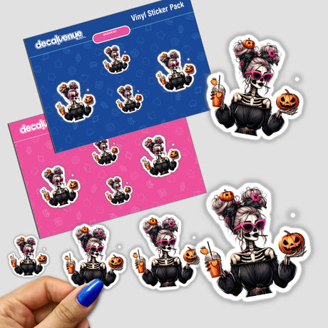 Halloween Boujee Skeleton Mama sticker pack featuring cartoon skeleton women holding pumpkins and drinks, perfect for unique decorations or digital artwork.