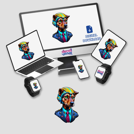 a computer, laptop, phone, and other electronic devices with stickers on them