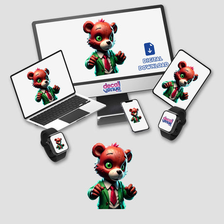 A Macabre Scary Bear cartoon on a laptop screen, available as stickers or digital artwork, blending unique charm with a hint of spookiness, aligning with Decal Venue's creative offerings.