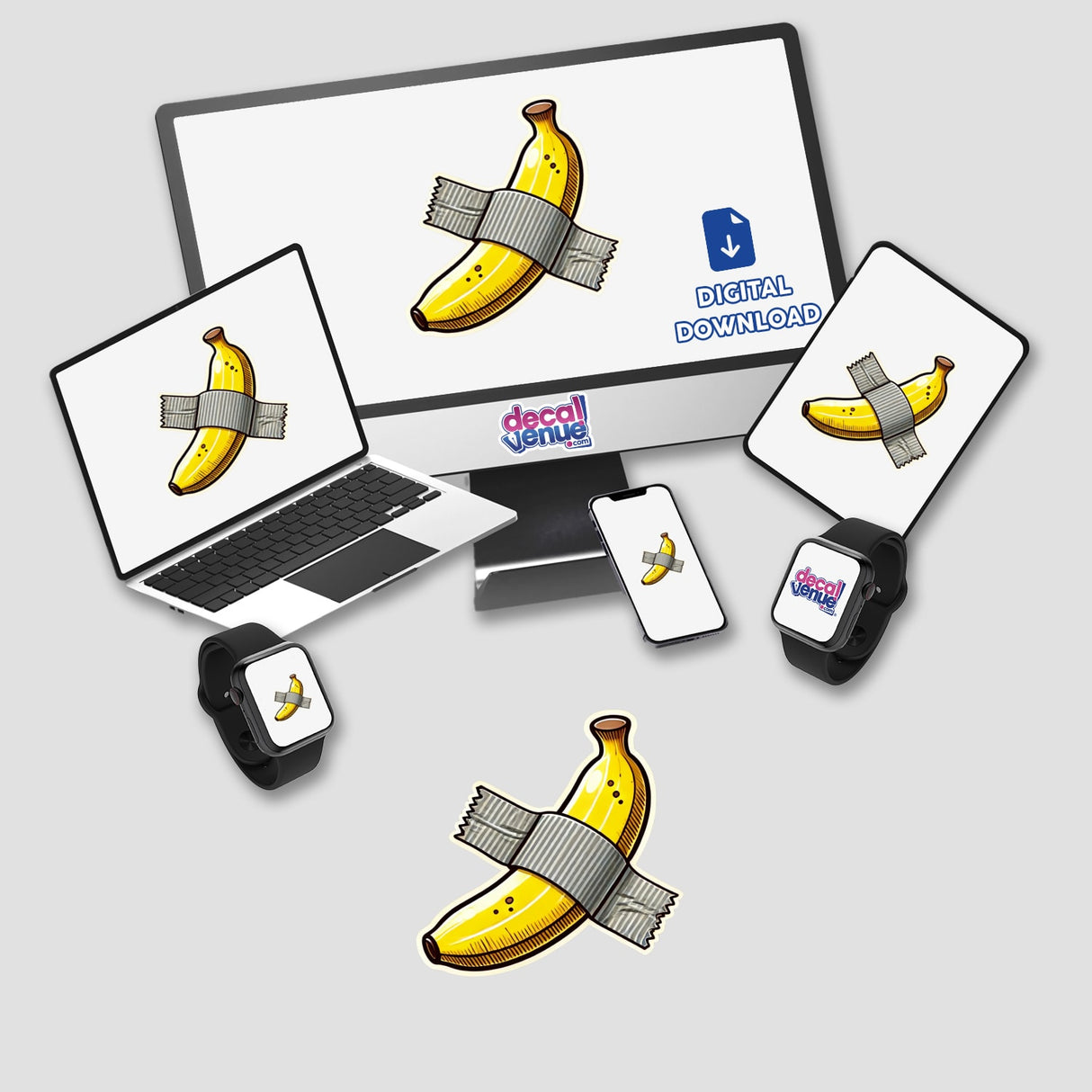 Duct Tape Banana: A digital artwork featuring a banana taped to a computer screen, ideal for stickers or digital art enthusiasts seeking unique designs from Decal Venue.