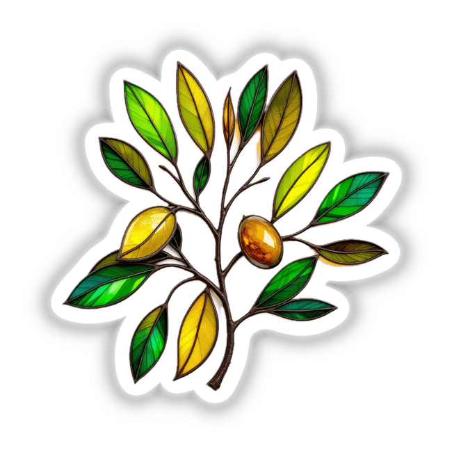 Olive Branch Stained Glass Style sticker featuring intricate leaf and fruit designs, reflecting artistic elegance. Available as a sticker or digital artwork, embodying Decal Venue's unique creative flair.