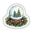 Festive Snow Globe in a Christmas Wreath featuring trees, a star, and berries, offered as stickers or digital artwork, capturing the holiday spirit with intricate details.