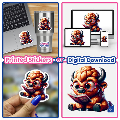 Cartoon of Bison in Reading Glasses Open Book as stickers or digital art, featuring a cartoon bull engaging with a book, perfect for fans of unique vinyl decals from Decal Venue.