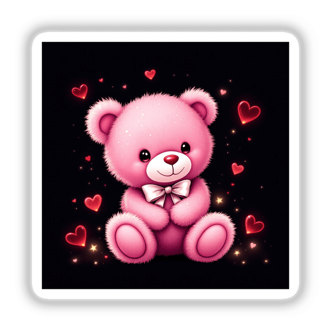 Pink Teddy Bear with White Bow and Red Hearts, featured as a charming design available as stickers or digital artwork, showcases a cute cartoon style perfect for Decal Venue's unique collection.