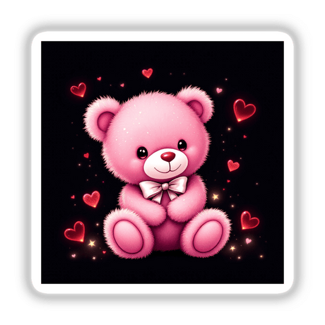Pink Teddy Bear with White Bow and Red Hearts, featured as a charming design available as stickers or digital artwork, showcases a cute cartoon style perfect for Decal Venue's unique collection.