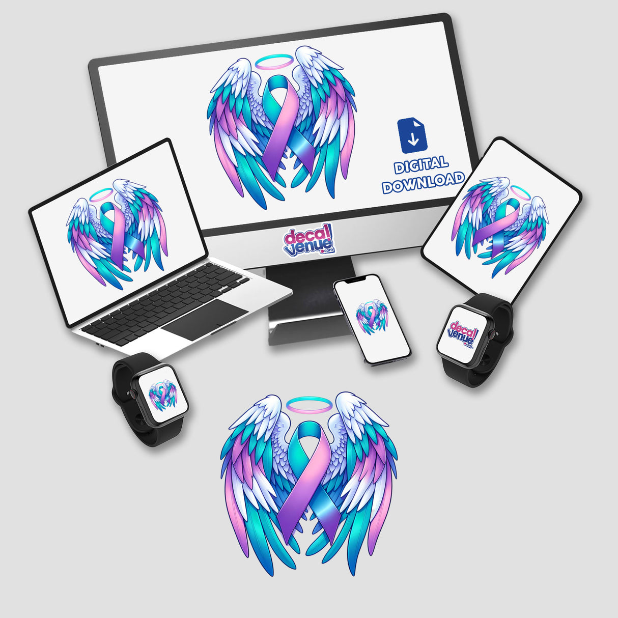 Suicide Awareness Ribbon with Wings depicted as a digital artwork featuring a ribbon and wings on a computer monitor. Available as stickers or digital artwork from Decal Venue.