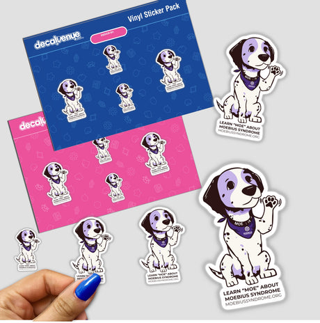 Hand with blue nail polish holding a Learn 'Moe' about Moebius syndrome dog cartoon sticker, emphasizing awareness through unique design.