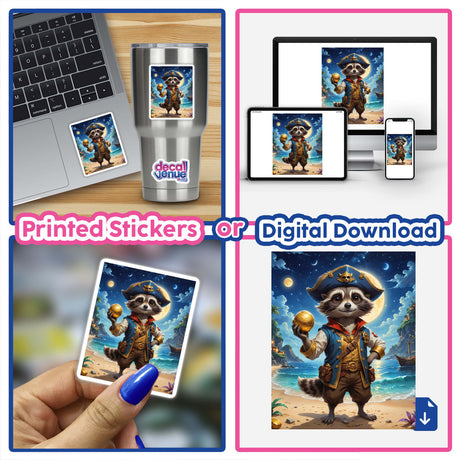 A collage featuring A Cute Fantasy Raccoon Pirate sticker on a laptop, with a cartoon raccoon holding a gold ball, showcasing Decal Venue's unique vinyl stickers and digital artwork.