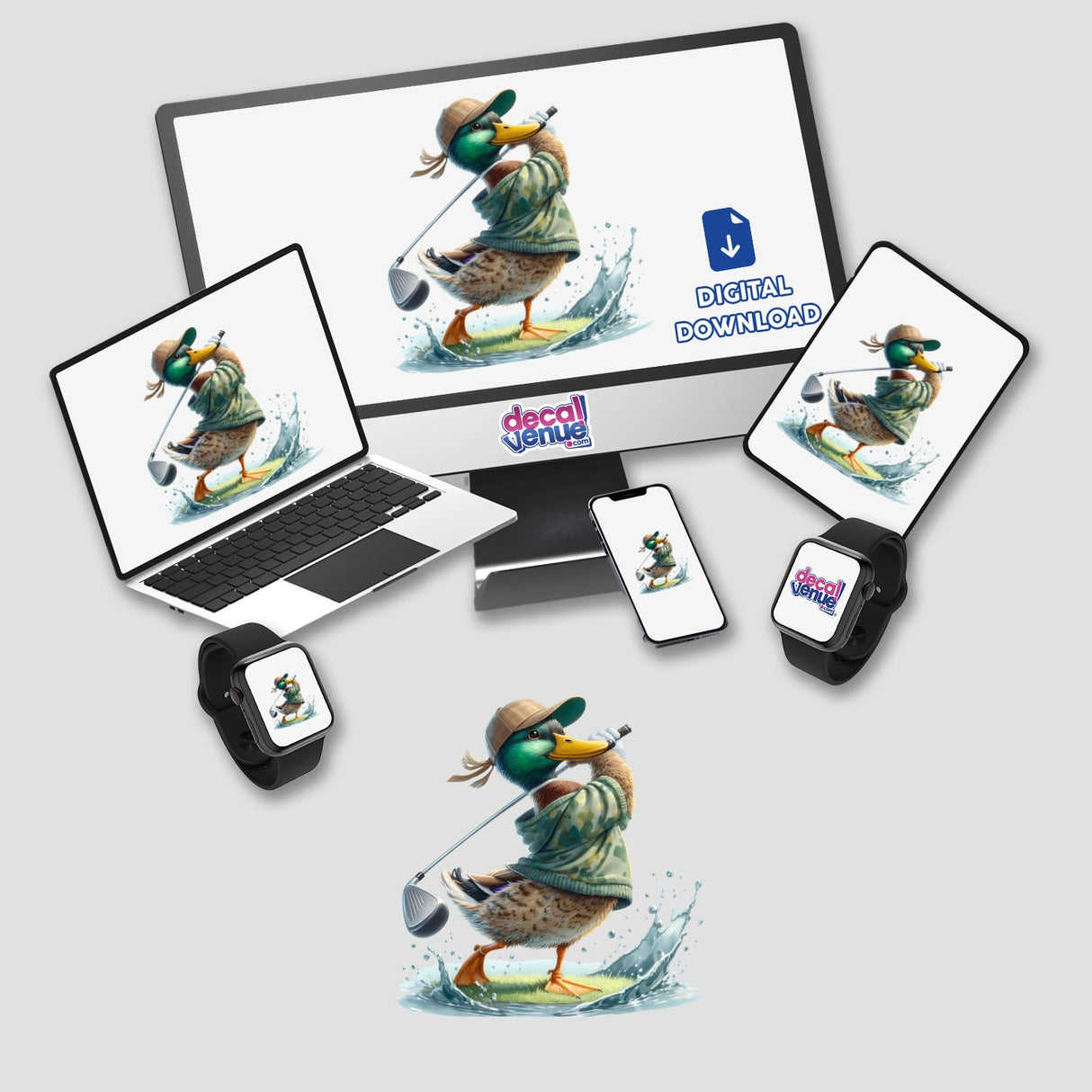 Watercolor Mallard Duck Camo Golfer on monitor and laptop, depicting a duck playing golf, available as stickers and digital art for nature and golf enthusiasts.